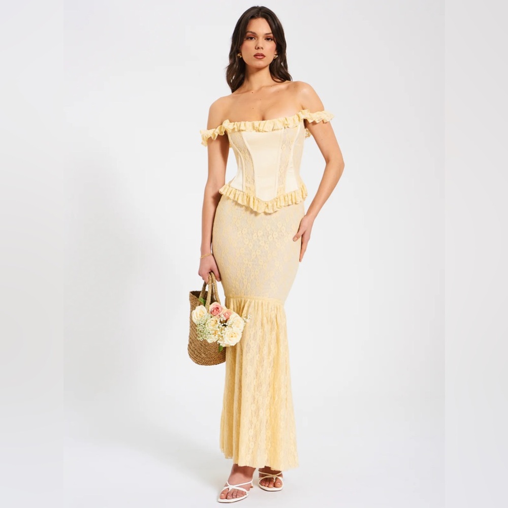 Miss circle Ersilia Pale Yellow Satin Lace Peplum Corset Off Shoulder Maxi Dress